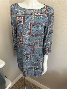 J. Jill Blue Multi Patchwork Print Long Sleeve Shift Dress
